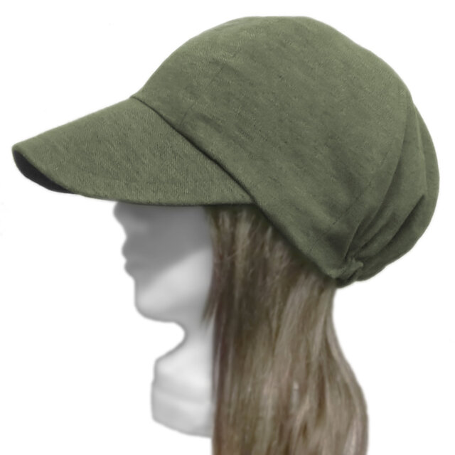つば広キャスケット◆鹿の子織コットンニット／杢オリーブ　◇紫外線対策・ゆったりサイズ・小顔効果・オールシーズン着用◇