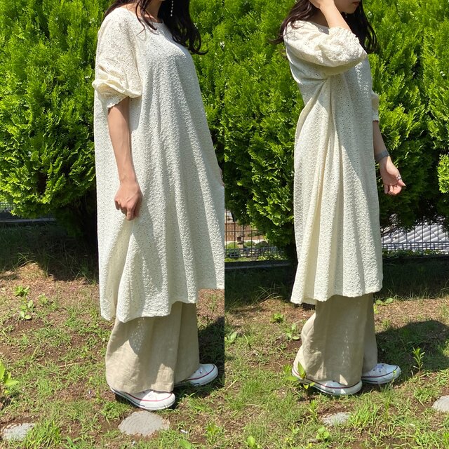 コットンローン刺繍のドロップショルダーワンピース