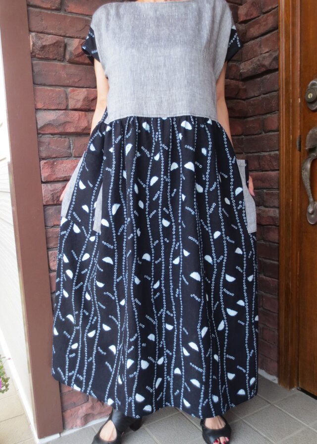 サマーセール品３０００円引き７月３１日まで!　古布リメイク　有松絞フレンチスリーブワンピース　浴衣　国産リネン　着物リメイク　