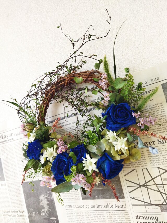 送料無料 ドライフラワーリース あじさいとバラと Iichi ハンドメイド クラフト作品 手仕事品の通販