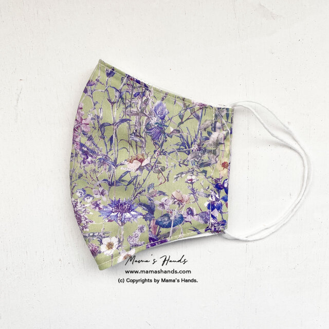 リバティ 植物 花柄 モスグリーン 綿100% 薄手系 大人用 立体型 エコ 布マスク