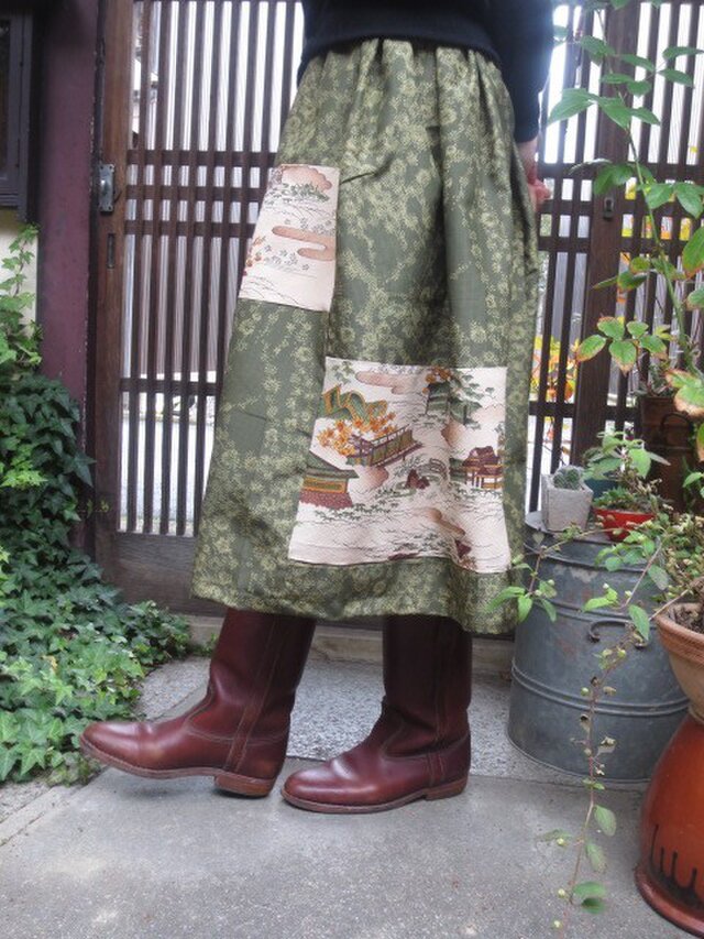 紬＋縮緬☆着物リメイクスカート☆シックでおしゃれ73cm丈