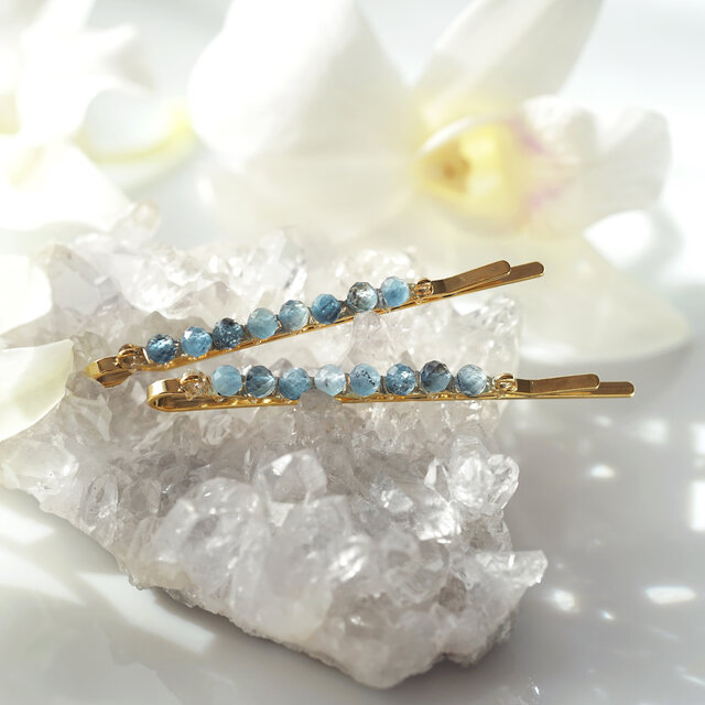 ディープブルーアクアマリン連なるジュエルヘアピン　～Lidia