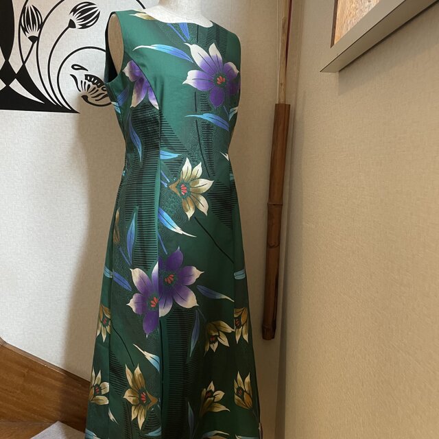 気分を明るく!浴衣地ワンピースドレス グリーン花柄の画像1枚目