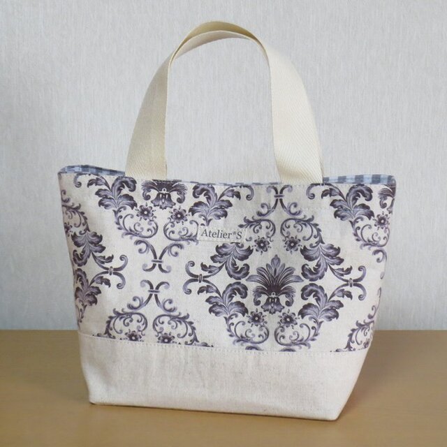 ミニトートバッグ ダマスク柄 無地 グレー 生成 Iichi ハンドメイド クラフト作品 手仕事品の通販