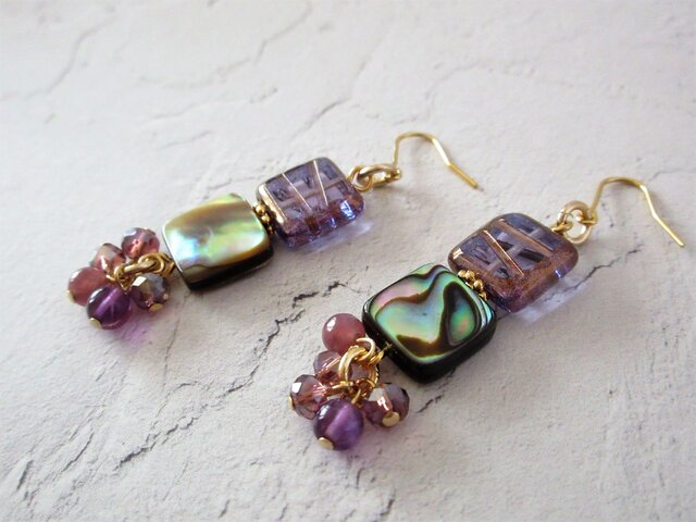 金具変更OK Pierces or Earrings アバロンシェル アメジスト(P0974)の画像1枚目