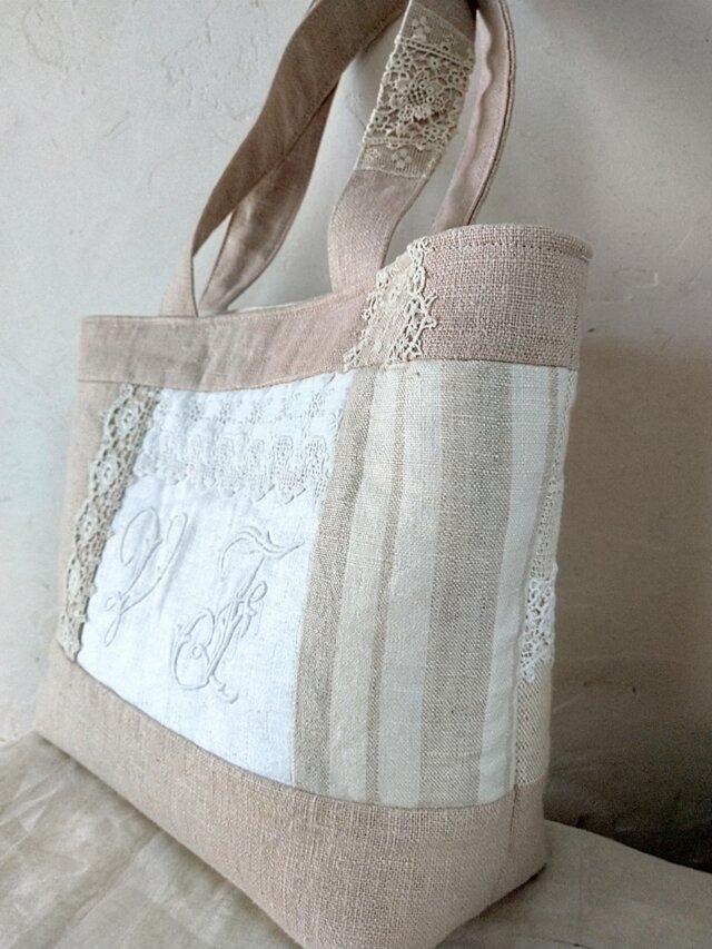 アンティーク*手刺繍*モノグラム*エクリュリネン*トートバッグ