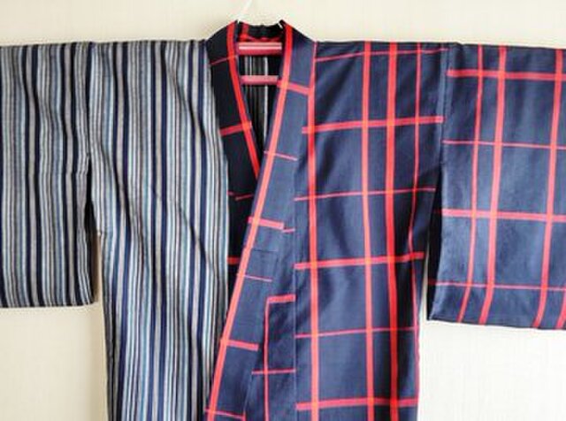 限定品 阿波しじら織 片身代わり浴衣 夏着物 格子×縞 | iichi