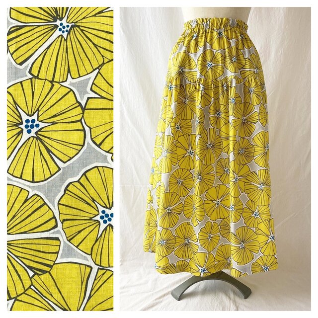 【和柄】はんなりとあでやかなティアードスカート：85cm丈（朝顔：黄）