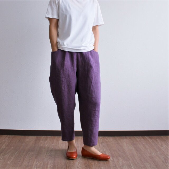 夏におすすめ!薄くてやわらかい、リネンのシンプルパンツ(パープル)の画像1枚目