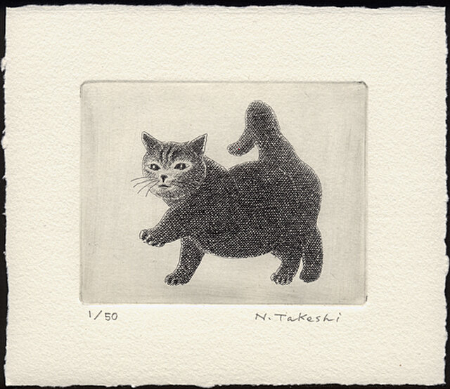 手作り額付き銅版画応用絵画　title「ひょっこり猫」 手作り額付き銅版画作品 title「ひょっこり猫」