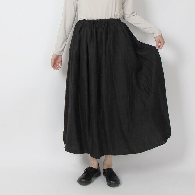 ◆14番手綾織りリネンギャザーロングスカート(ブラック)