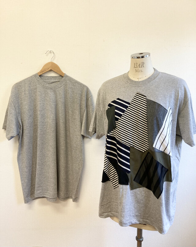 リメイクtシャツ パッチワーク風半袖tシャツチュニック グレー サイズ Ll Iichi ハンドメイド クラフト作品 手仕事品の通販 リメイクtシャツ パッチワーク風半袖tシャツチュニック グレー サイズ Ll Iichi ハンドメイド クラフト作品 手仕事品の通販