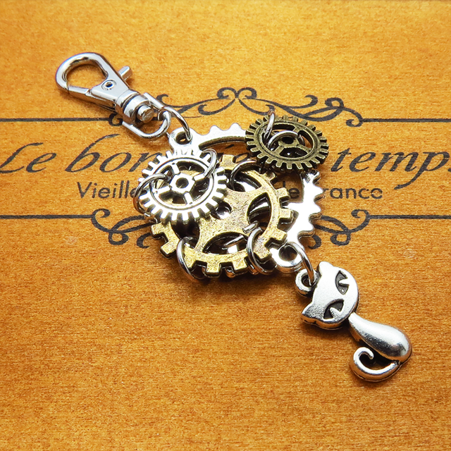 スチームパンク風 猫と複数の歯車を組み合わせたキーホルダー ファスナーチャーム バッグチャーム