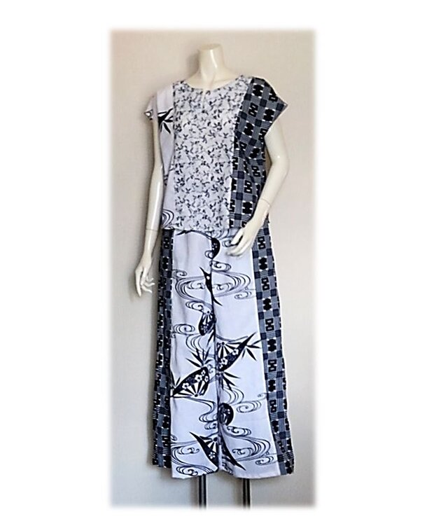 30：浴衣リメイクリラックスウェア（メンズ柄トップ・菖蒲×メンズ柄ワイドパンツ）