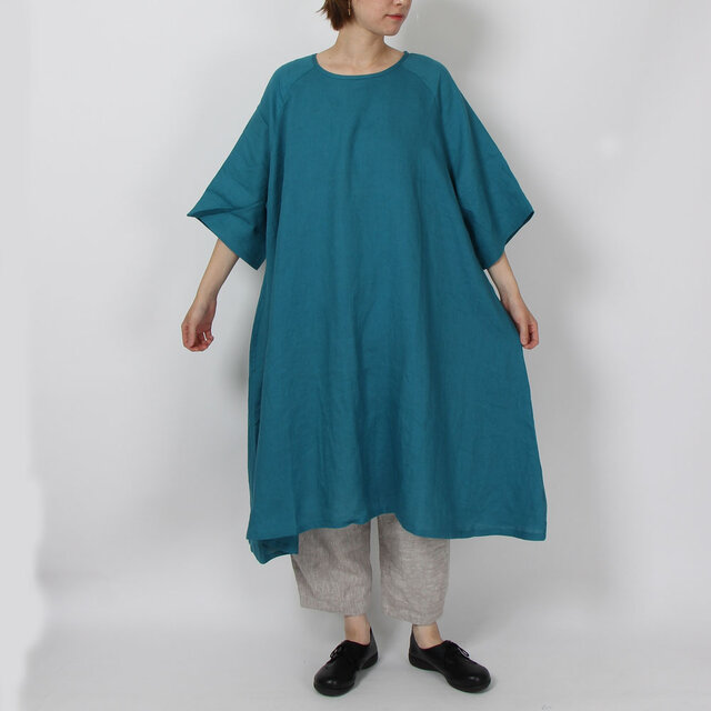◆リネンヘムラインワンピース(ターコイズ)