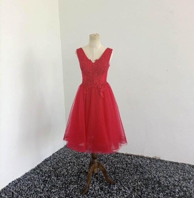 上カラードレス ワインレッド プリンセスライン ノースリーブ Vネックドレス ミニワンピース Iichi ハンドメイド クラフト作品 手仕事品の通販