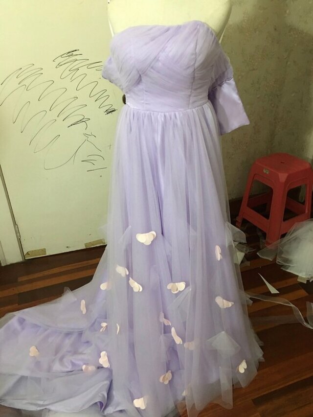素敵なカラードレス オフショルダー パープル/紫 ソフトチュール 花嫁 ...