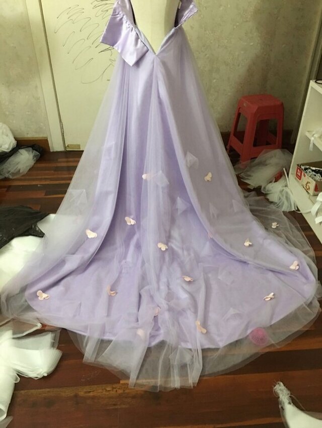 素敵なカラードレス オフショルダー パープル/紫 ソフトチュール 花嫁 ...
