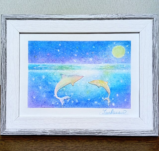 海とイルカのパステルアート 白いイルカと月明かり パステル原画