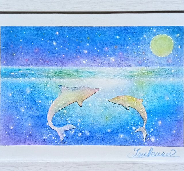 『月夜に泳ぐイルカ』パステルヒーリングアート 海とイルカのパステルアート 白いイルカと月明かり パステル原画