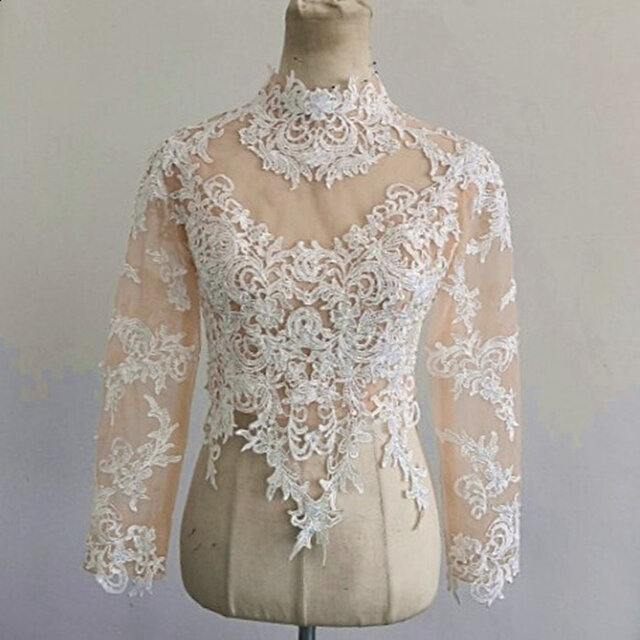 ウエディングドレス用ハイネック ボレロ トップスのみ 長袖　 3D立体レース刺繍　くるみボタン