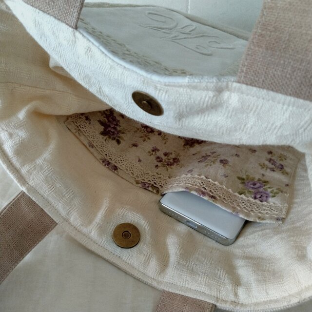 アンティーク*手刺繍*モノグラム*リネン*トートバッグ*M | iichi