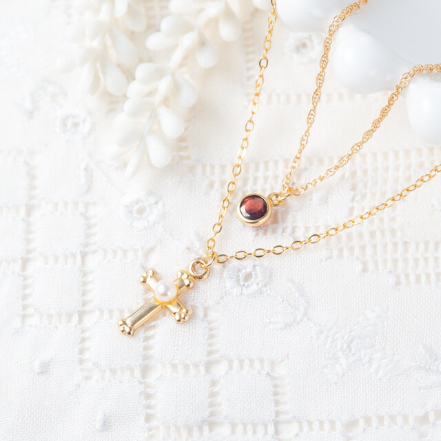 ガーネット&クロスの繊細2連ネックレス～14KGF