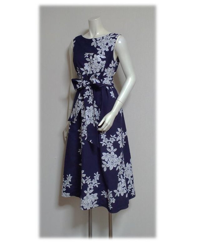 216　浴衣アップサイクルAラインワンピース（紺／桜柄）