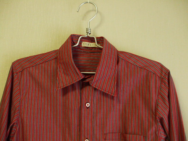 セール品 メンズ 赤 グレー ブリティッシュストライプ柄プリント 台衿付き長袖シャツ ｌサイズ 綿100 Iichi ハンドメイド クラフト作品 手仕事品の通販