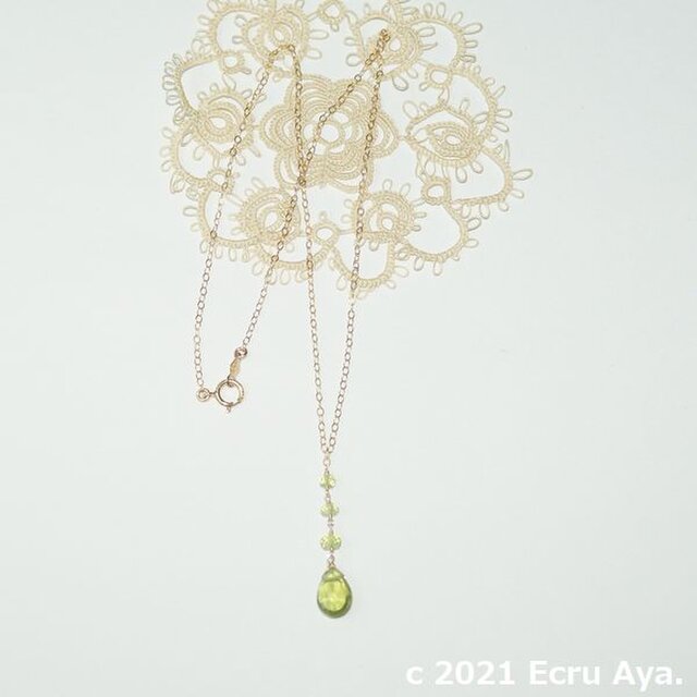 *秋の雷*宝石質ペリドットのペアシェイプブリオレットカットのネックレス