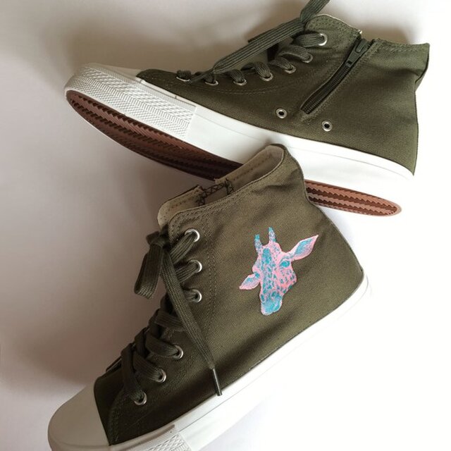 きりん フェイス オリーブ サイドジップ ハイカット スニーカー （受注制作）