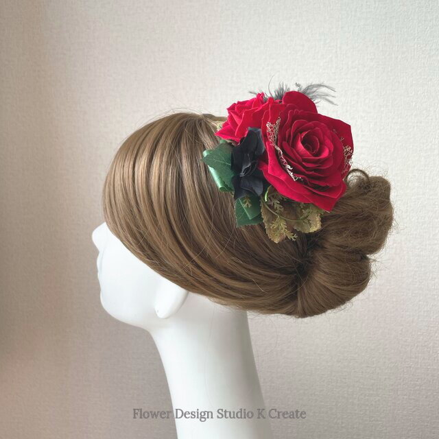フラメンコ・フローレス・発表会に♡赤い薔薇とブラックファーのヘッド ...