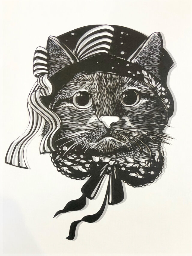 額装済み切り絵原画 おしゃれ帽子の猫 Iichi ハンドメイド クラフト作品 手仕事品の通販