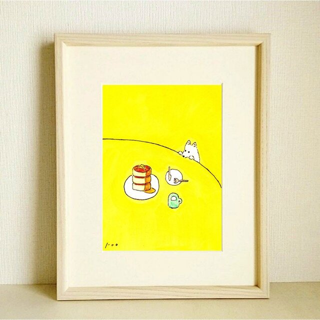 犬イラスト｜原画「おやつの時間」 ※木製額縁入り（インチサイズ）
