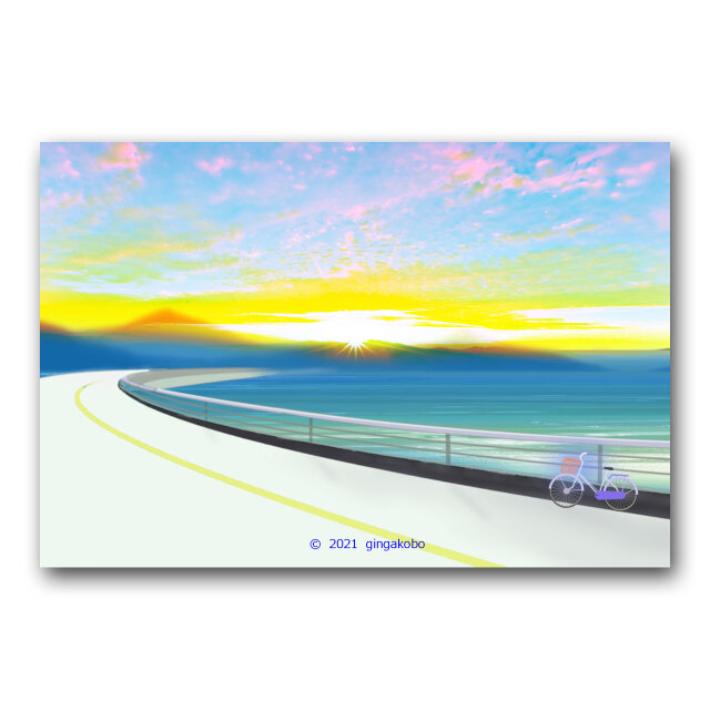 朝が降りてきて 海 朝日 自転車 ほっこり癒しのイラストポストカード2枚組no 1418 Iichi ハンドメイド クラフト作品 手仕事品の通販