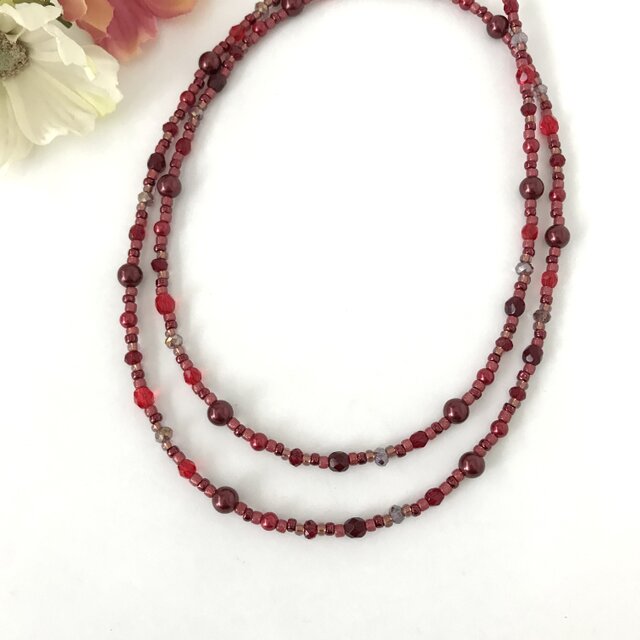 一連 クラシカル ロングネックレス ダーク レッド 赤 チェコガラス ビーズ パール