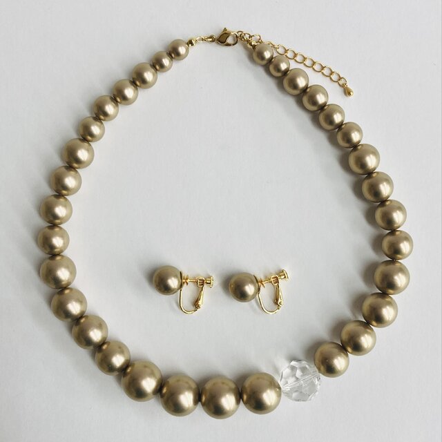 樹脂パールグラデーションネックレスセット/約42cm+5cm/カーキブラウン/イヤリング付/G