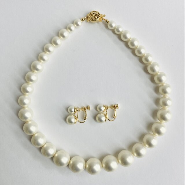 グラデーションパールネックレスセット/約41cm/オフホワイト/2粒イヤリング付/G/made in japan