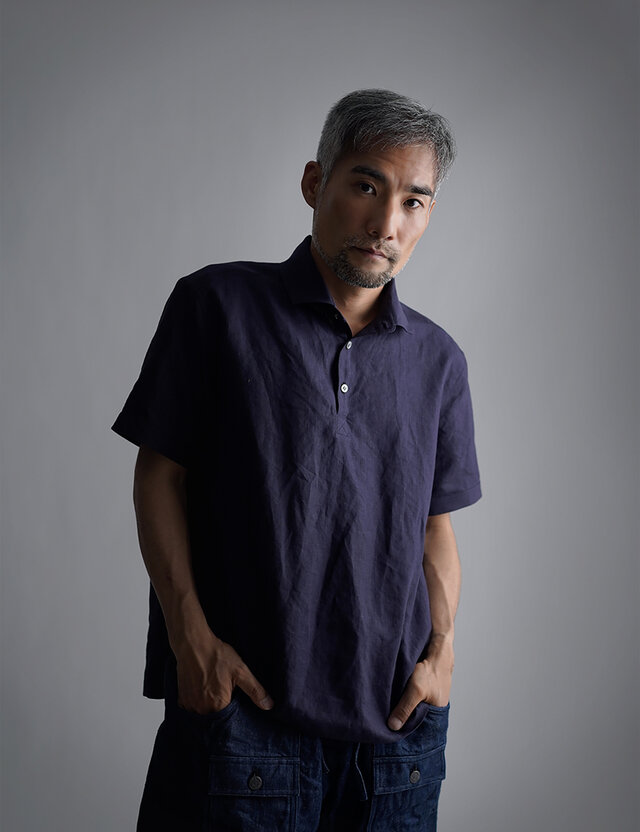 【Mサイズ】【wafu】Linen Polo ポロシャツ 超高密度リネン/黒紅色 くろべにいろ t053a-kbi1-Mの画像1枚目