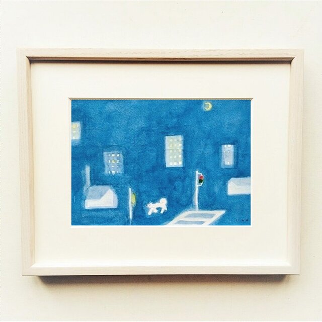 犬の絵｜原画「夜の散歩」※木製額縁入り（インチサイズ）