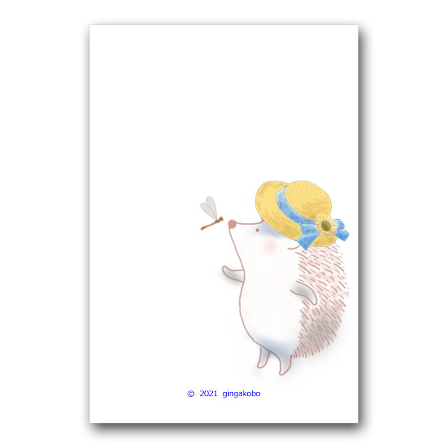 秋が飛んできて こんにちは ハリネズミ トンボ ほっこり癒しのイラストポストカード2枚組no 14 Iichi ハンドメイド クラフト作品 手仕事品の通販