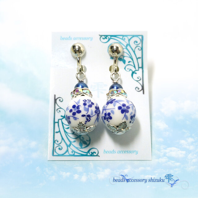 花柄和風イヤリング＊青