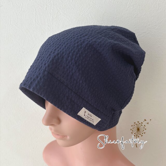 おしゃれで可愛いハンドメイド帽子 しじら織り生地《しじら織りネイビー》医療用帽子　ケア帽子　 三角巾　お祭り