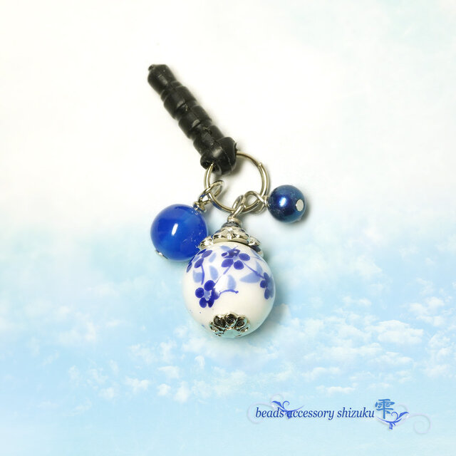 花柄和風イヤホンジャック＊青