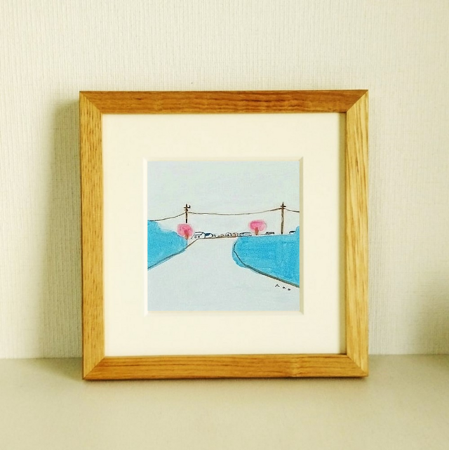 原画「花曇り」 ※木製額縁入り　(18×18㎝フレーム）　水彩・絵画・風景画