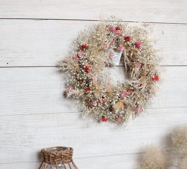 かすみ草と千日紅のリース パンパスグラス ドライフラワーリース