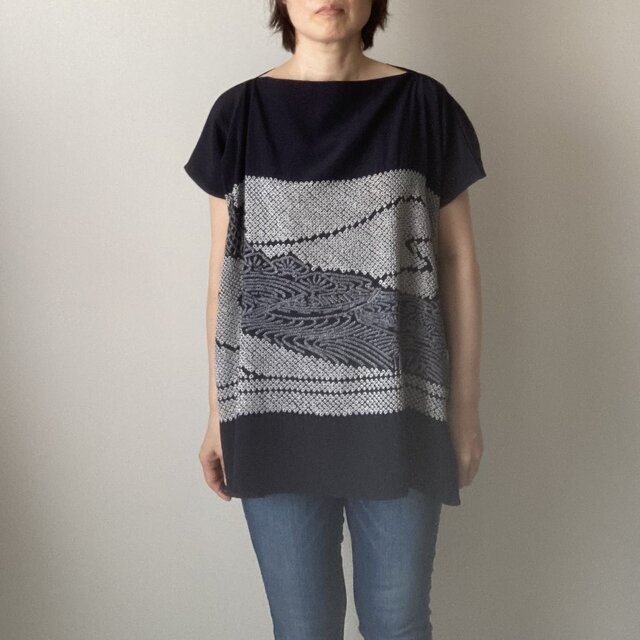 兵児帯プルオーバー　ボートネック　紺松と小川