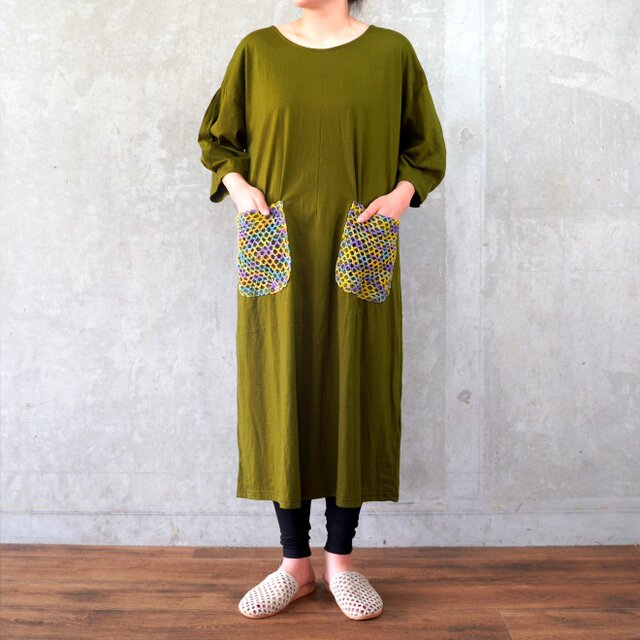 《おうち時間》クロシェポケット　ワンマイルウェア　　チュニック　ワンピース　カーキ