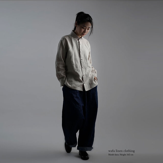 wafu】Linen Shirt ショールカラー シャツ /亜麻ナチュラル t036b-amn1